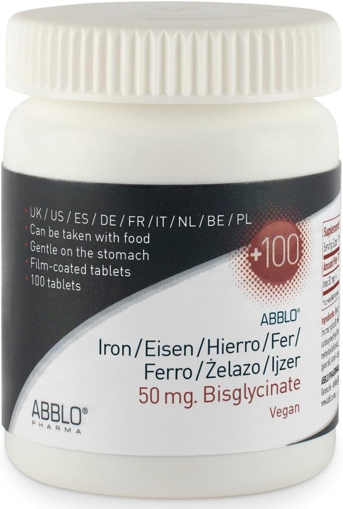 50mg. 철 BISGLYCINATE (100 단위) ABBLO는 Stomach에 Gentle이고 음식으로 가지고 갈 수 있습니다.