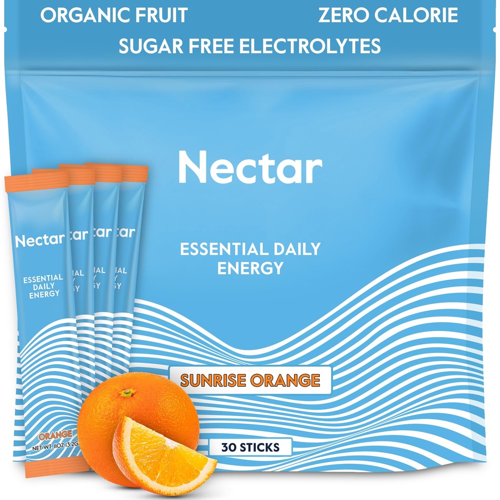 Nectar Energy Booster - 유기 카페인, B12 & Electrolytes - Sugar Free & Zero Calorie - 건강한 커피, 에너지 음료 및 소다 대안 - Hydration & Energy Supplement (오렌지 30 분말 패킷)