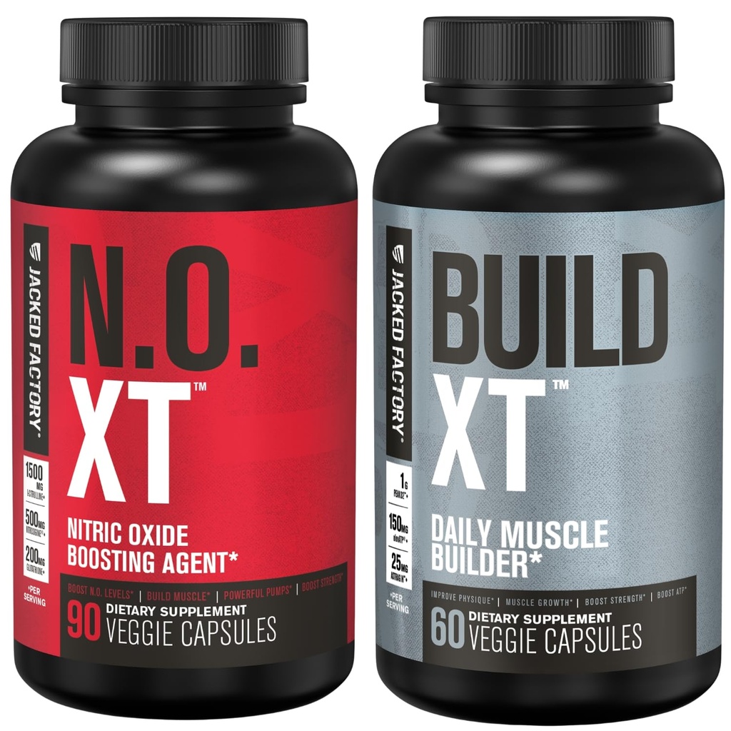 Jacked Factory Muscle Builder Supplement Stack - Build-XT Muscle Builder & N.O. XT Nitric Oxide Boosting Agent for Dual Support (30 일 공급)