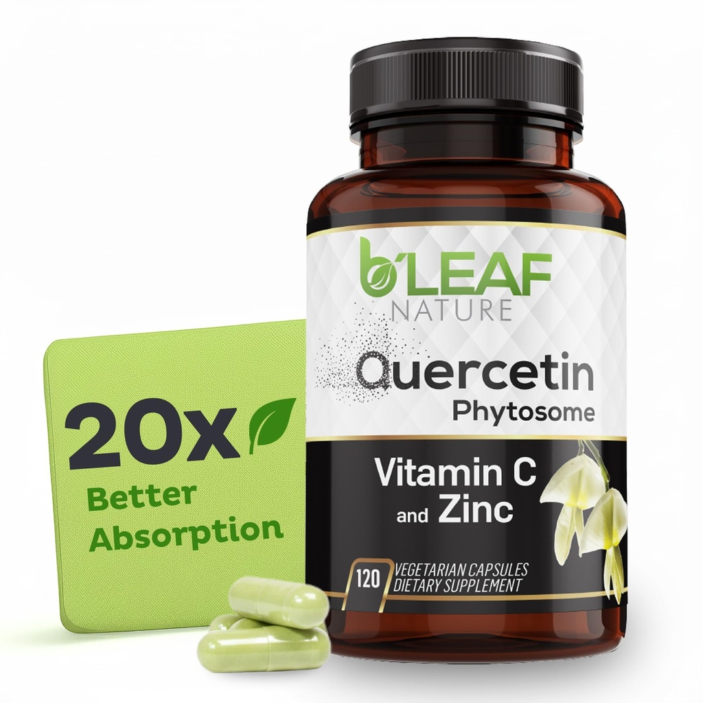 B'LEAF NATURE Quercetin Phytosome, 120 캡슐 - 비타민 C와 아연을 가진 1000mg 높은 흡수 Quercetin - 면역, 에너지, 뇌 및 계절 지원을 위한 비 GMO 채식 Quercetin 보충교재