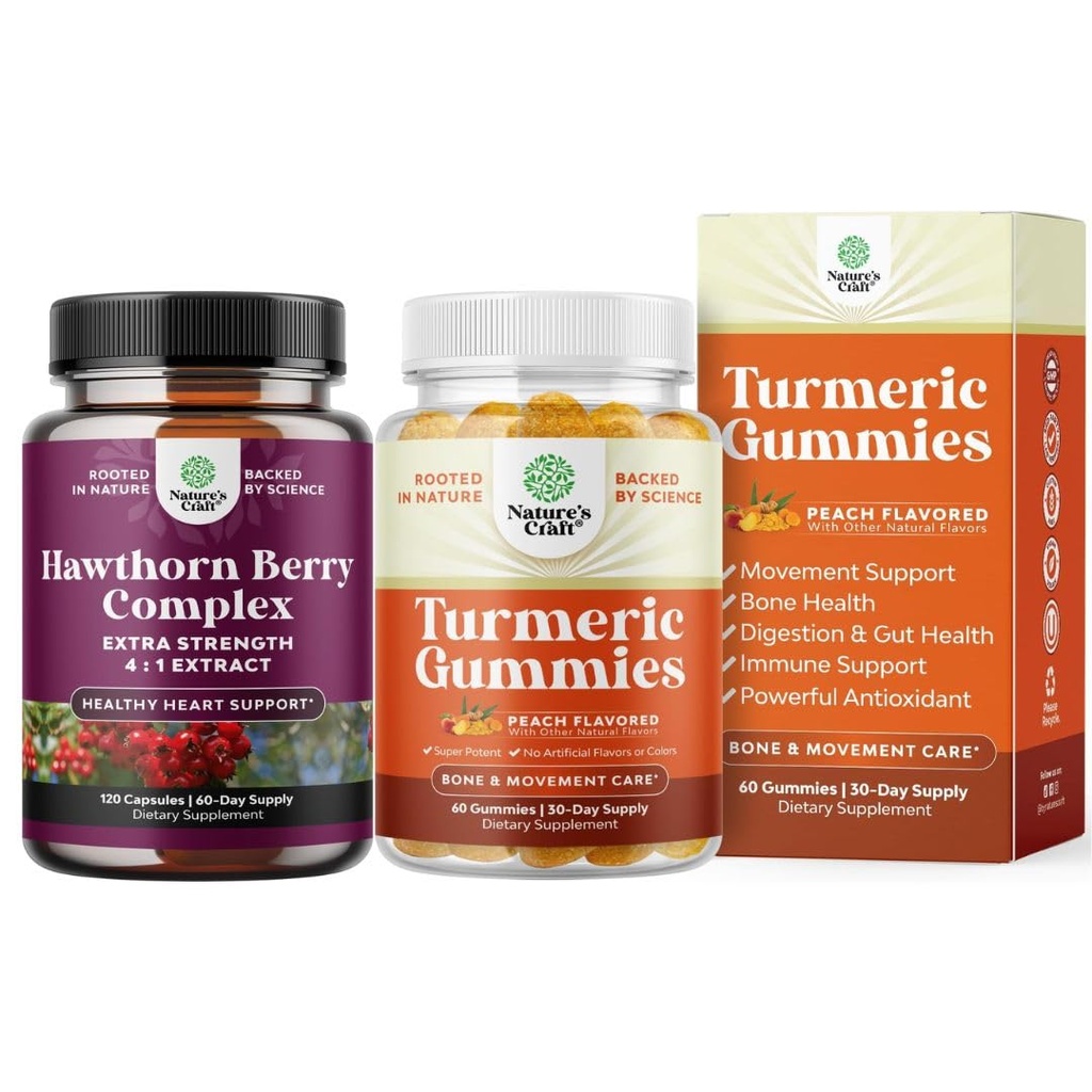 여분의 묶음 Hawthorn Berry 캡슐 - 심장 건강 보충교재 및 심황 Curcumin 면역 지원 Gummies - 합동 지원과 진보된 피부 관리를 위한 면역 부스터 심황 구미