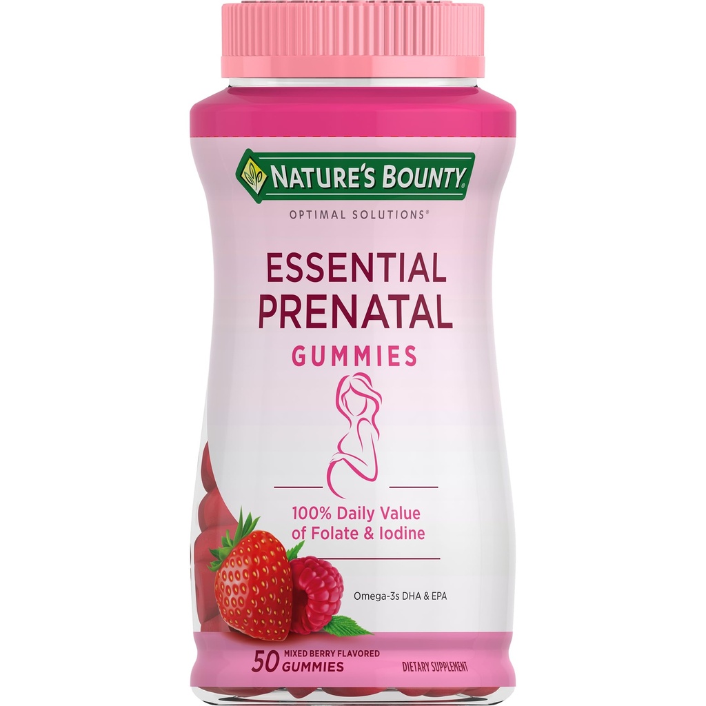 Nature 's Bounty Optimal Solutions Essential Prenatal Gummies, Folic Acid 및 Iodine, Omega 3 및 DHA, 50 카운트, 25 총 서빙