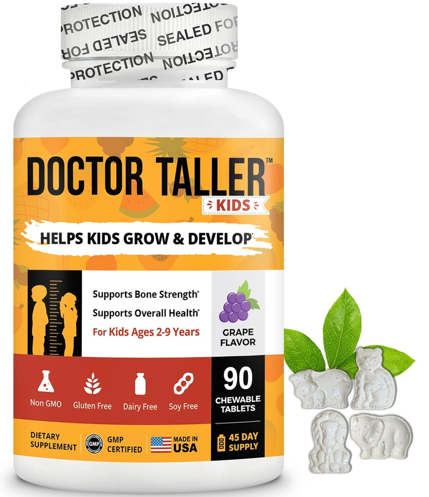 Doctor Taller Kids - 어린이 멀티 비스듬한, 유아 비타민 - 지원 뼈 힘, 칼슘을 가진 강화된 면역성이, 나이 2에서 9를 위한 Multivitamins - 포도 풍미 - 90 Chewable 정제 | 6 주 공급