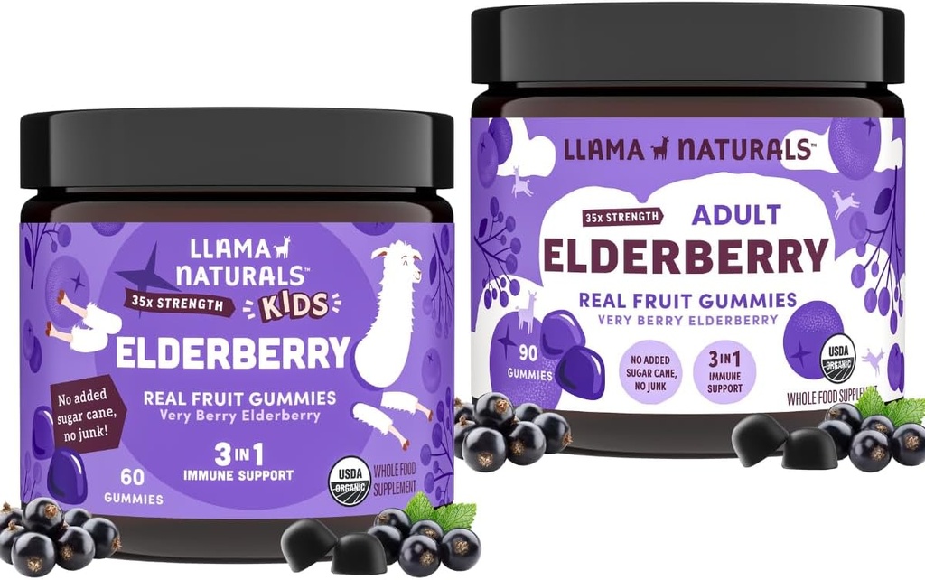 Llama Naturals Real Fruit Sambucus Elderberry Gummies for Kids & Adults | 추가 설탕 캔, 채식주의자, 유기 면역 지원 | 아연 및 천연 비타민 C | 식물 기반, 전체적인 Fa를 위한 Chewable Gummies