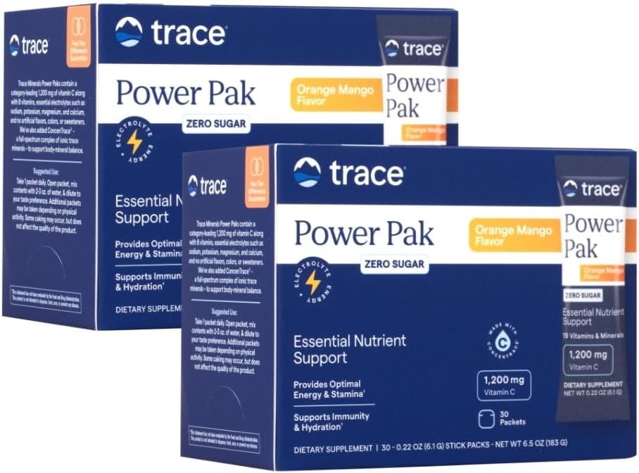 Trace Minerals Power Pak Multivitamin 및 Multimineral Packets - 전해질 지원 - 1200 mg 비타민 C 플러스 70 + 추적 미네랄 - 설탕 무료 - 오렌지 망고 맛 - 60 패킷