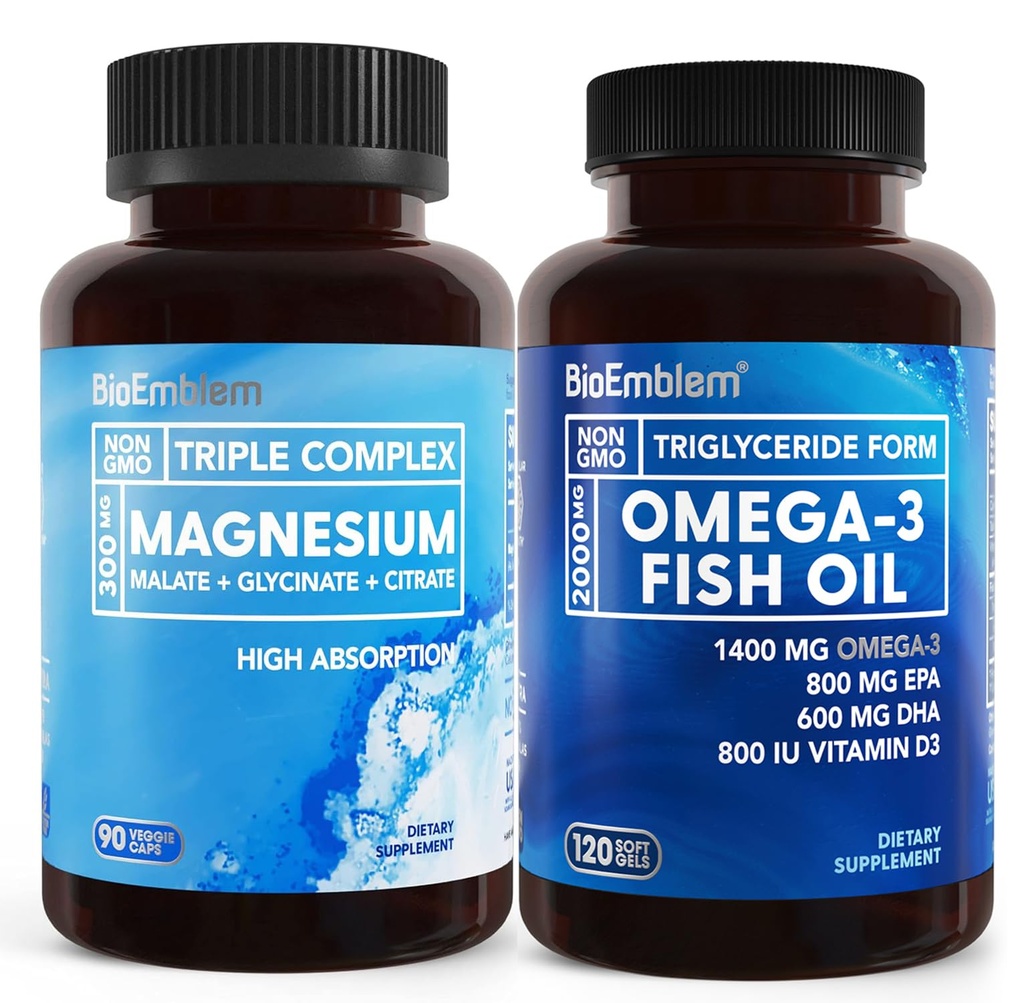 BioEmblem Triple 마그네슘 복합체 및 BioEmblem Omega-3 물고기 기름 2000mg