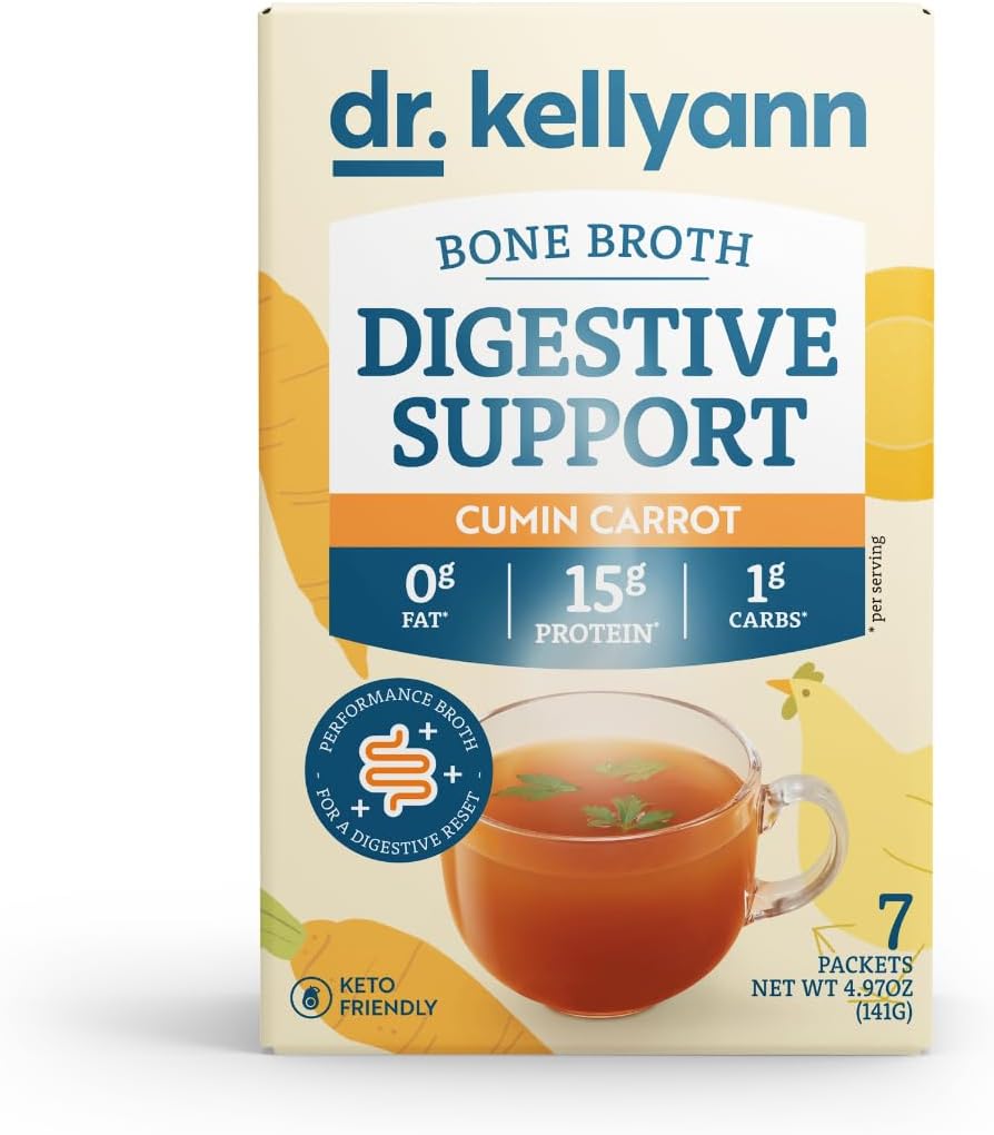 Kellyann Bone Broth + 소화 지원 콜라겐 분말 패킷 (7 서빙, 1 박스), 16g Protein/Serving, 100 % Grass-Fed Hydrolyzed Collagen Powder, Keto & Paleo Friendly - Cumin Carrot