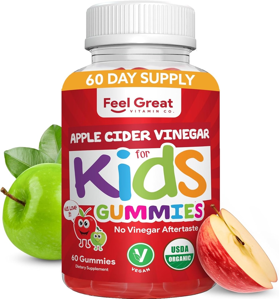 유기농 아이 애플 아이아이더 Vinegar Gummies by Feel Great Vitamins | Gut Health를 위한 Digestive Enzymes & Natural Antioxidants에 풍부한 | 키즈 거미가 건강한 영양 흡수 | 60 Day Supply