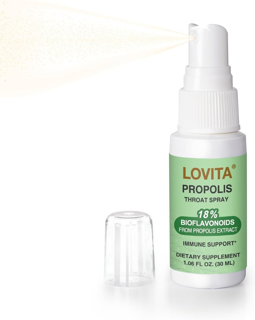 Lovita Bee Propolis Throat 스프레이, 18% Bioflavonoids, 알코올 무료, 면역 지원, Throat Soothing, 산화 방지제, Gentle 맛, 1 Fl Oz (팩 1)