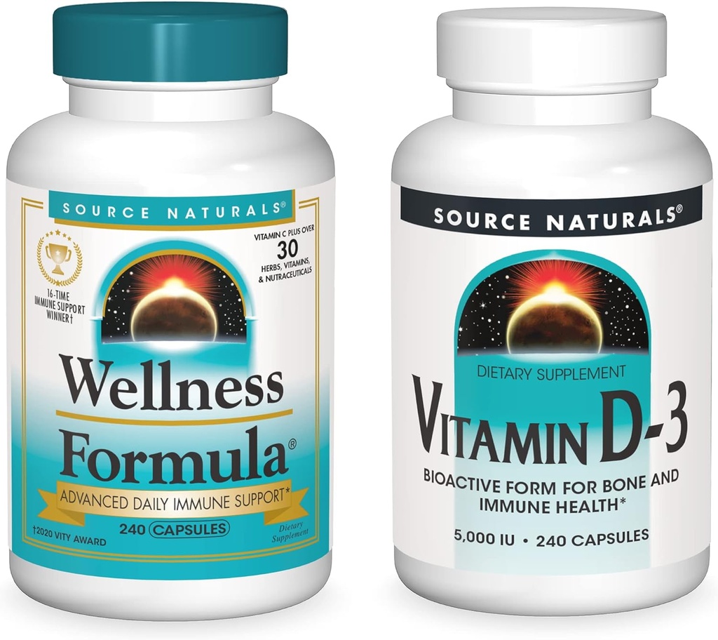 Source Naturals Wellness Formula 및 5000 iu 비타민 D-3, 각 병에 240 캡슐