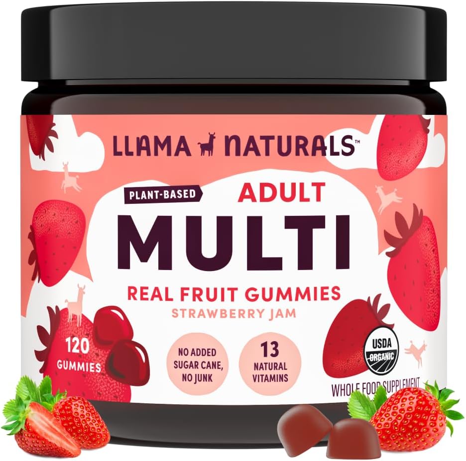Llama Naturals Multivitamin for Women & Men, Vegan, 비타민 D, C & K, 성인 Real Fruit Gummy Vitamins, Chewable Multivitamin 보충교재, 추가 설탕 지팡이, 딸기, 120 Ct