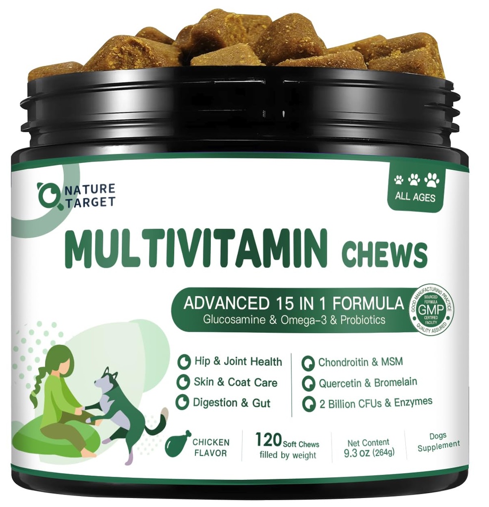 개를위한 NATURE TARGET Multivitamin - MSM 및 글루코사민, 오메가 3 & 6, 소화 건강, 합동 지원, 피부 & 외투, 면역 체계 & 전반적인 건강 120 연약한 가슴