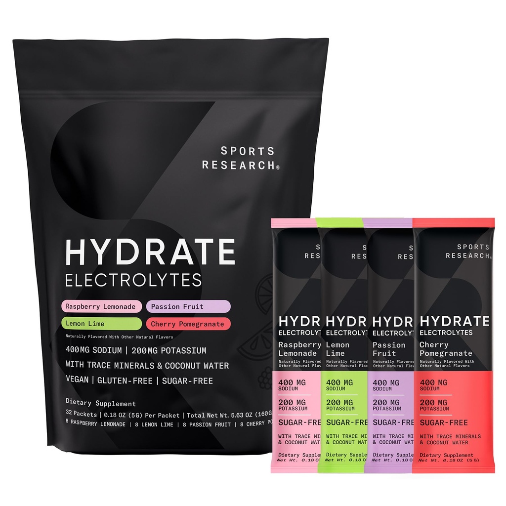 Sports Research® Hydrate Electrolytes Powder Packets - Sugar-Free & Naturally는 비타민, 미네랄 및 코코넛 워터로 맛을냅니다. Hydration - 32 Packets - 다양성 팩