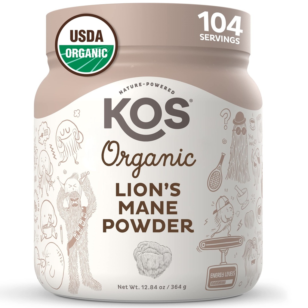 KOS Organic Lion's Mane Powder - Natural Nootropic Superfood - Vegan Functional Mushroom, Plant based, USDA Certified, Non-GMO, Soy & Gluten-Free - 104 서빙
