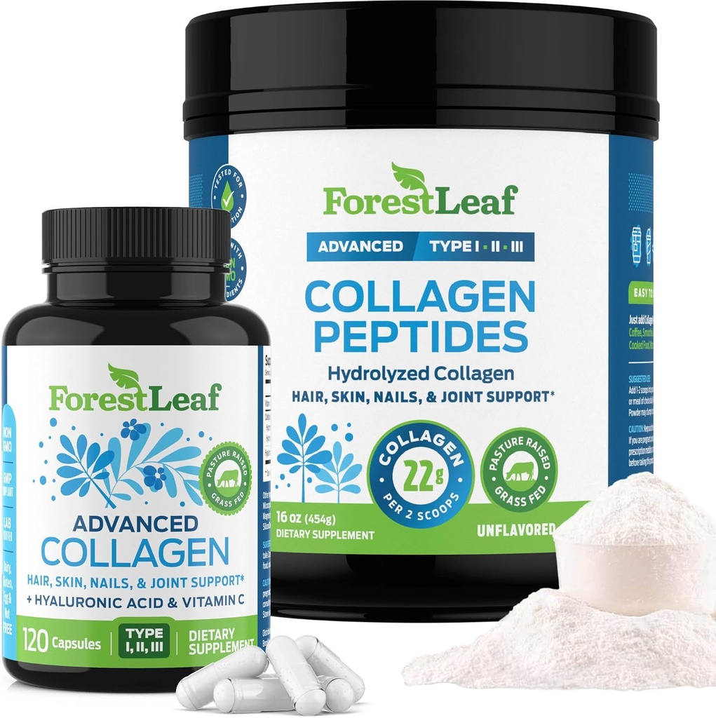 ForestLeaf Collagen 보충제 번들 - 2-in-1 Hydrolyzed Collagen 펩타이드 분말 및 Collagen 알약 - 여성을위한 잔디 Fed Bovine Collagen 및 남자를위한 Collagen
