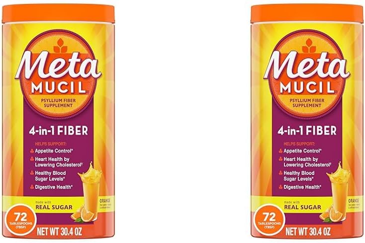 Metamucil 섬유, 4-in-1 Psyllium 섬유 보충 분말 Real Sugar, Orange Smooth flavored Drink, 72 서빙 (포장 May Vary), Coarse Texture, 1.9 파운드 (포장 2)