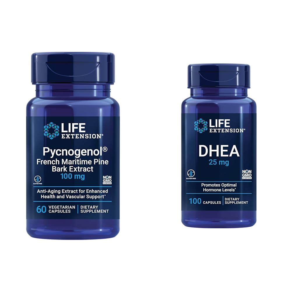 DHEA 호르몬 균형 - 60의 캡슐 Pycnogenol & 100의 캡슐 DHEA 25mg를 가진 수명 연장 프랑스 해상 소나무 껍질 추출물