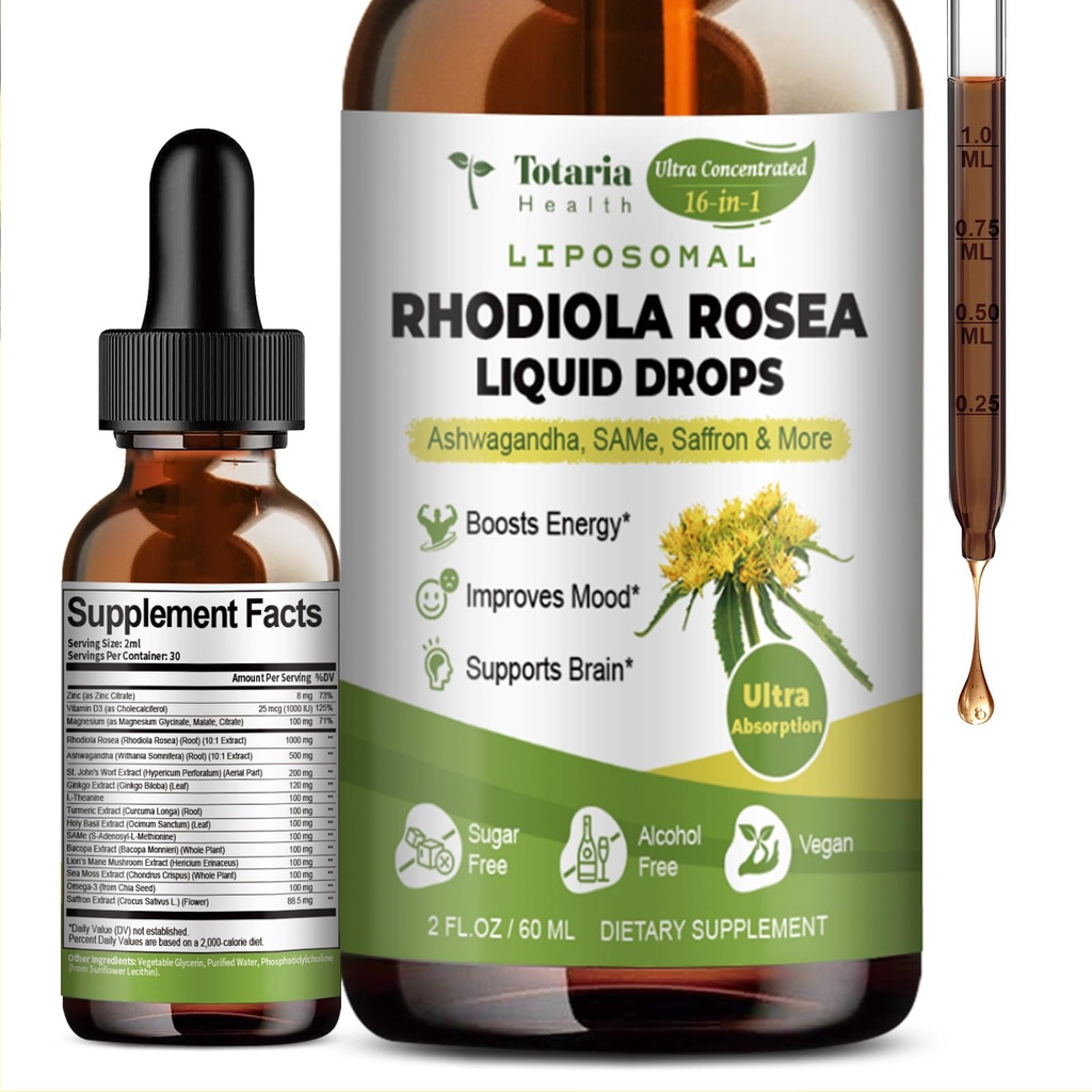 Totaria 16-in-1 Liposomal Rhodiola Rosea Tincture, 매우 힘 Rhodiola 보충교재 w/Ashwagandha, Saffron, 마그네슘, SAM-e, Rhodiola Rosea 추출물 자연적인 Relaxation, Mood, 에너지를 위한 액체 하락