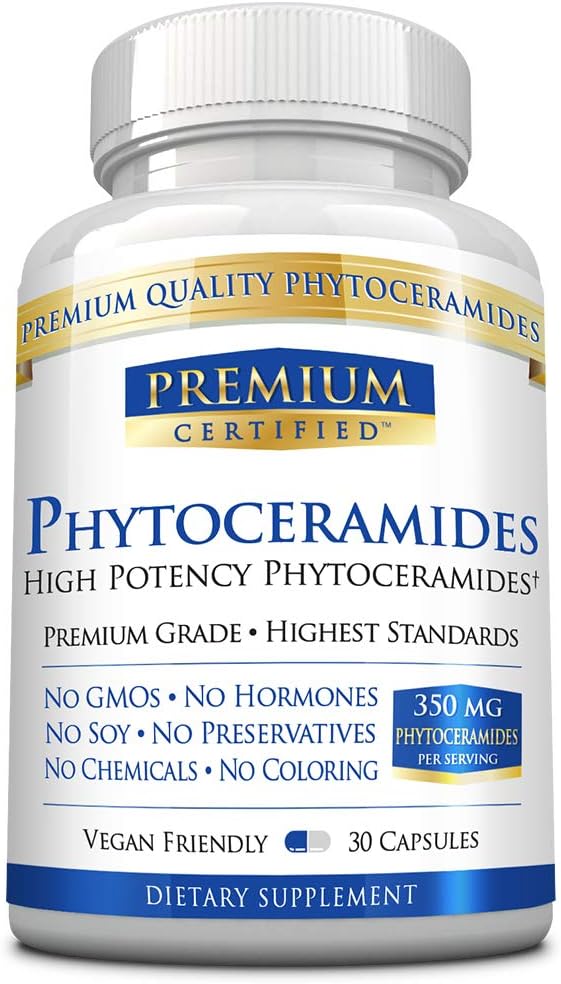 Phytoceramides 350mg 100 % 밀 - 비타민 A, C, E 및 D3 - 역 노화 피부, 보충 수분 및 수리 피부 - 100 % 순수 천연 - 30 캡슐 - Vegan Friendly