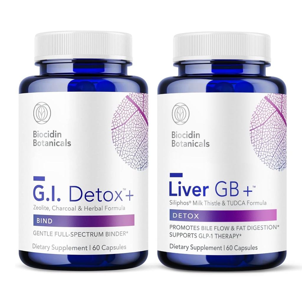 Biocidin G.I. Detox+ Gentle Binder & Liver GB+ Gallbladder Liver 지원 - Toxin 제거 & 뚱뚱한 소화를 낙관하는 것을 돕습니다 - 활성화된 Charcoal, 비석, TUDCA & Bitter 허브 (2개의 제품)