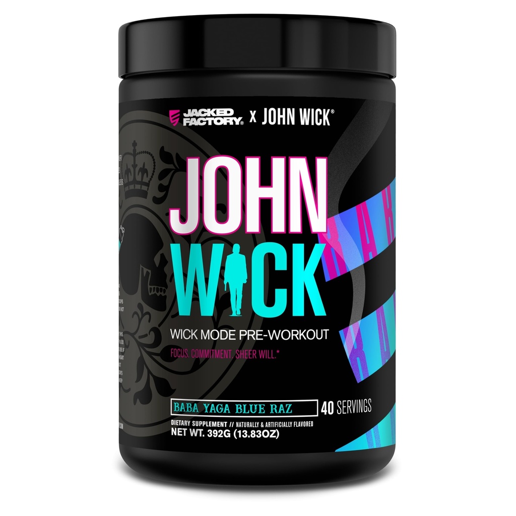 Jacked Factory X John Wick - Wick Mode Pre Workout Powder - 강렬한 에너지, 전투-Ready Focus, Unstoppable Commitment 및 Sheer Will - 40 서빙, Baba Yaga Blue Raz