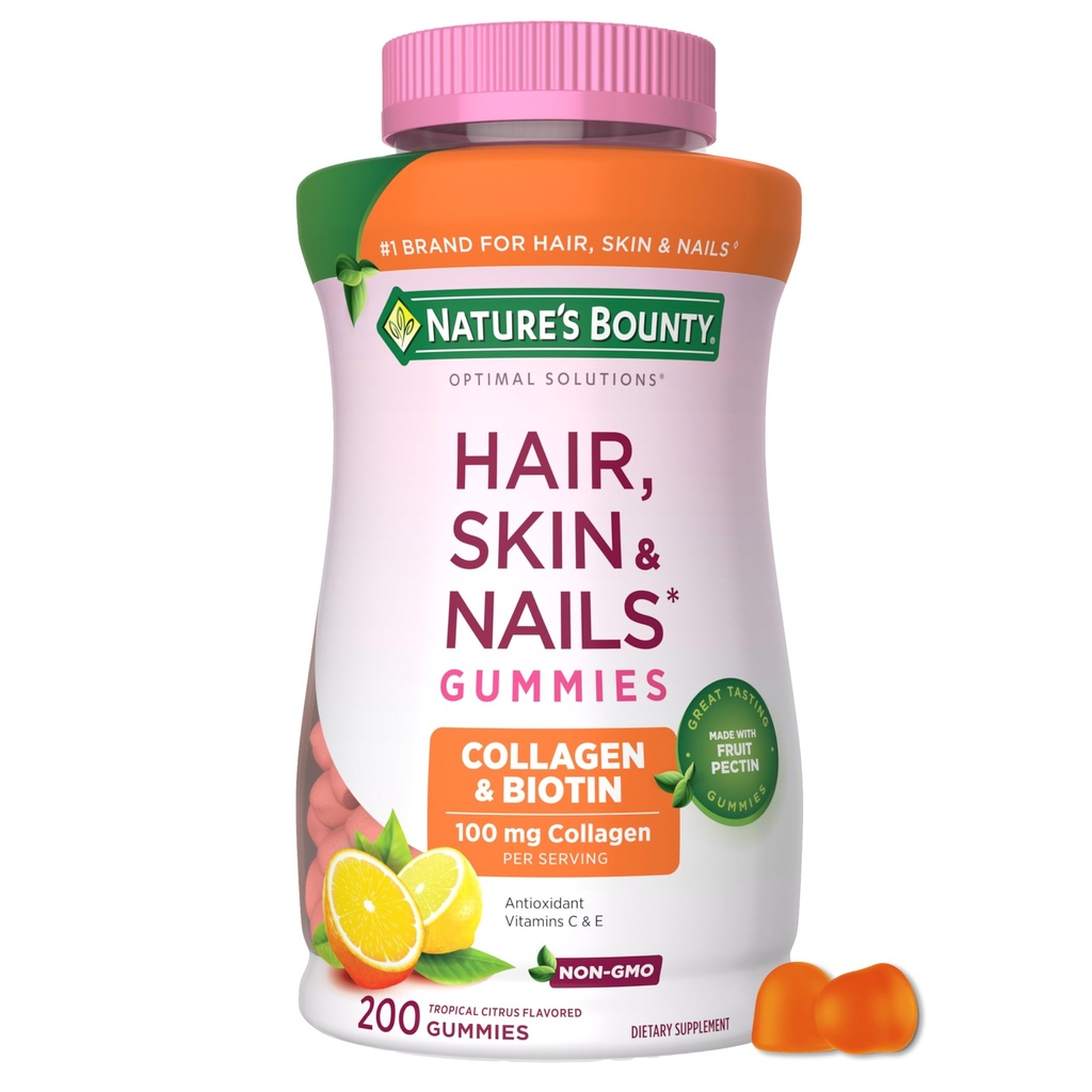 Nature's Bounty Optimal Solutions Hair, 피부 및 손톱 Collagen Pectin Gummies, 100 mg Collagen 및 2,500 mcg Biotin 서빙 당, 스틱 거미, 열대 감귤류 맛, 200 ct, 100 총 서빙