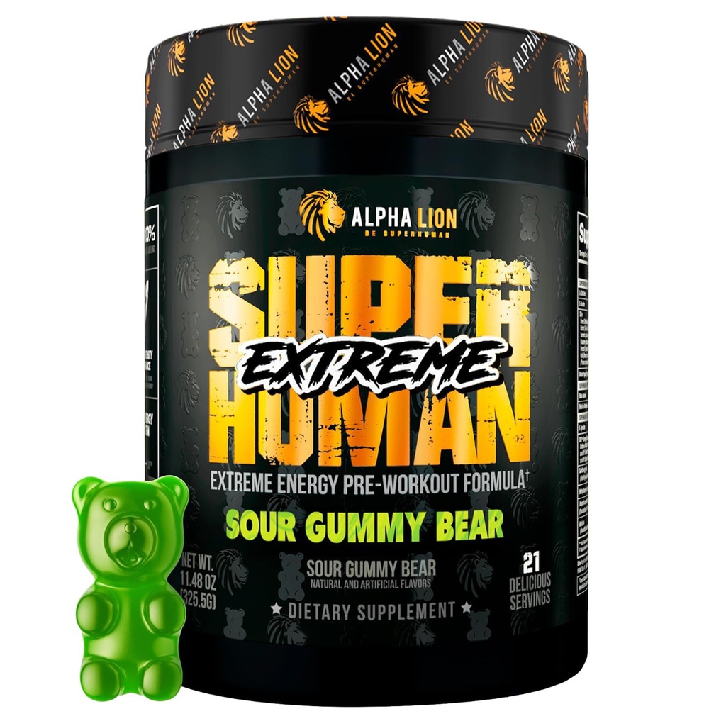 ALPHA LION Superhuman Extreme High Stim Pre Workout Powder, Beta Alanine, L-Taurine & 356mg Tri-Source Caffeine for Sustained Energy, Nitric Oxide & Citrulline for Pump (21 서빙, Sour Gummy Bear)