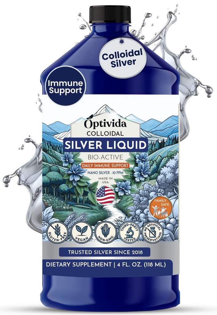 Optivida Health Colloidal Silver Liquid (32 oz) - 매일 웰빙 및 면역 지원을위한 프리미엄 나노 실버 콜로이드 보충, 성인 및 어린이, 비 GMO, 글루텐없는 자연 액체 실버 하이드로 솔