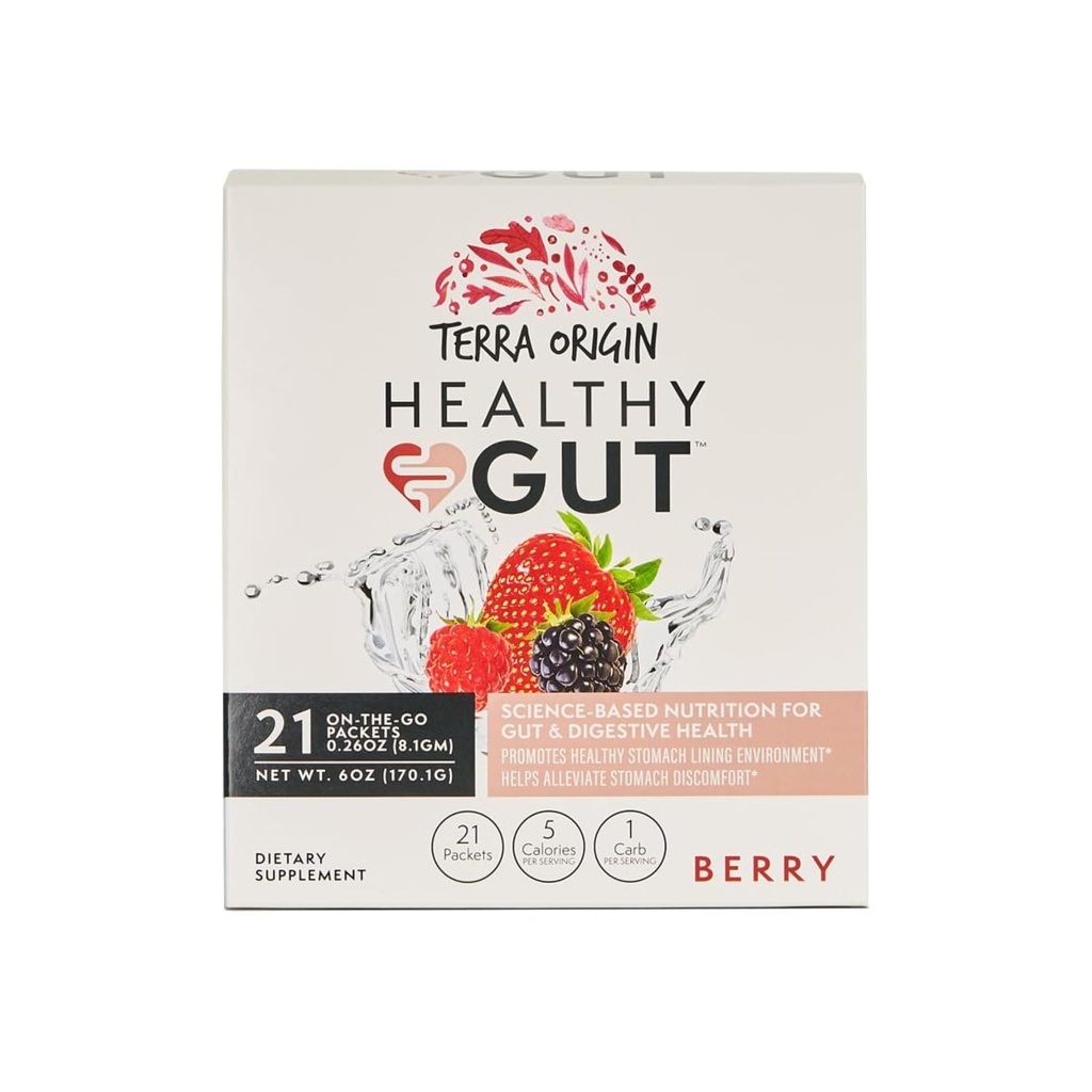 TERRA ORIGIN 건강한 Gut 지팡이 팩, L 글루타민, Slippery Elm, Aloe Vera, Licorice 뿌리 추출물, Gut 건강, 소화 지원, 누출 Gut 수리, 면역 기능, On-The-Go, 21 Ct, Berry