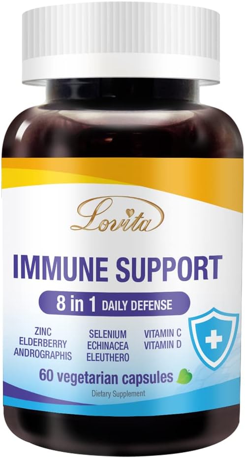 Lovita Immune는 아연과 비타민 C, 비타민 D, 셀렌 & Echinacea, Andrographis, Siberian Ginseng - Immune 승압기 보충교재, 60 채식 캡슐을 가진 1, Elderberry에서 8을 지원합니다