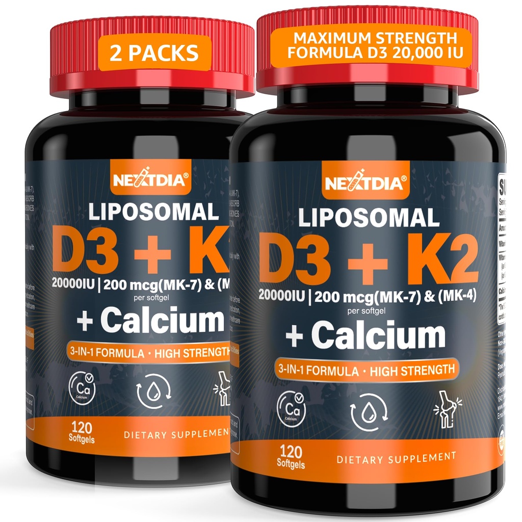 비타민 D3 20,000 IU + K2 비타민 (MK4 & MK7) 200mcg + 칼슘 시트레이트, Optimal 비타민 D3 K2 Softgel - 강한 뼈 & 근육, 칼슘 흡수, 비타민 D 결핍을 돕는, 삼키기에 쉬운, 2Pack