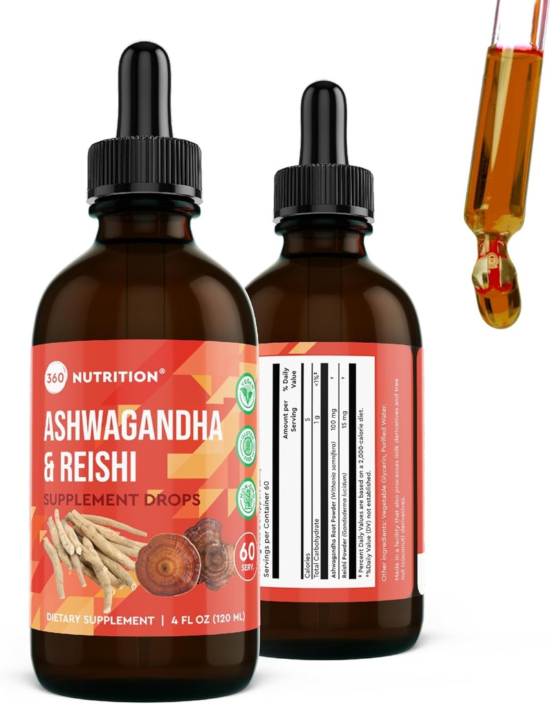 360 Nutrition Ashwagandha & Reishi Root Supplement Drops for stress Relief, Stamina & Longevity 및 Energy Support - Vegan Non-GMO Adaptogenic - 4 fl oz, 60 서빙