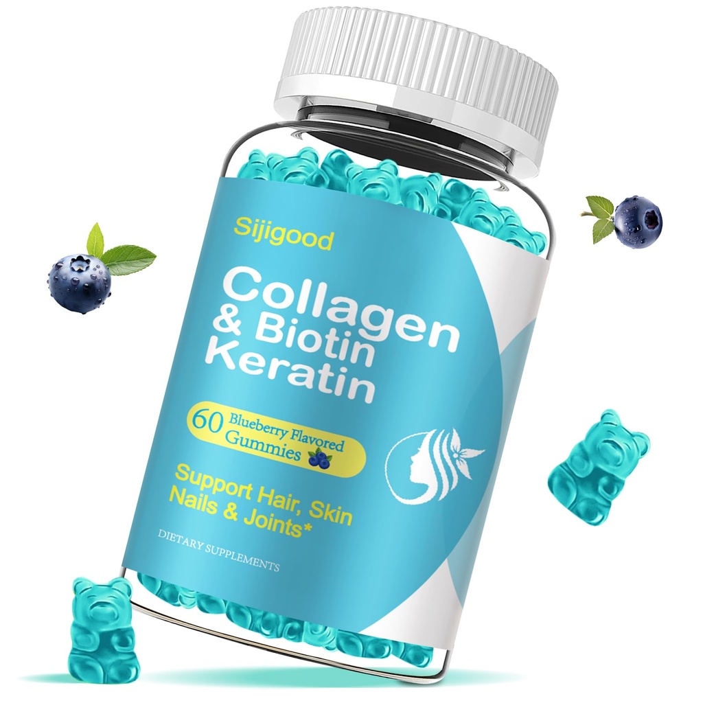 Collagen, Keratin, Hyaluronic 산, 피부, 머리 성장, 못, 여자 남자 성인 아이를 위한 비타민을 가진 Biotin Gummies - 60 Blueberry 맛 있는 Gummies