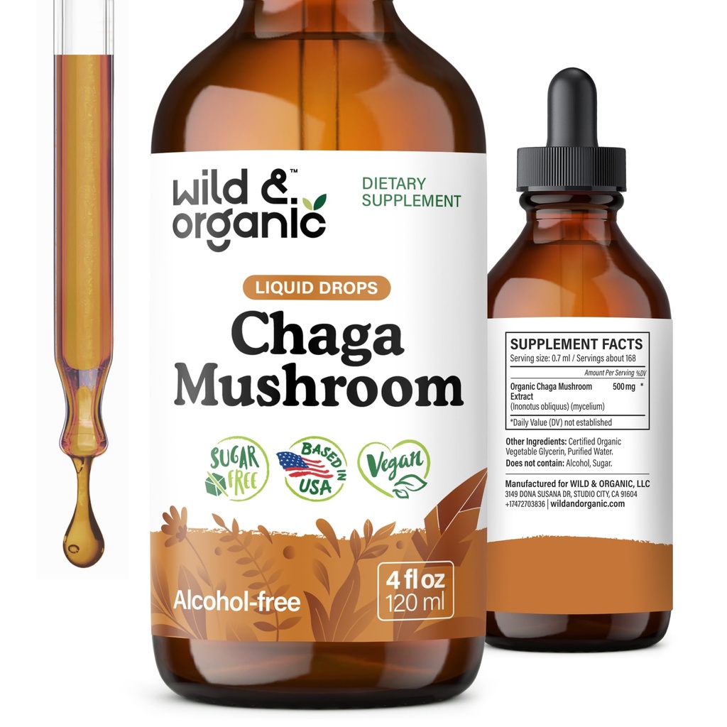 야생 & 유기 Chaga 버섯 드롭 - Chaga Extract와 면역 지원 - 면역에 대한 액체 버섯 보충 - Vegan, Sugar & Alcohol-Free Tincture - 4 fl oz