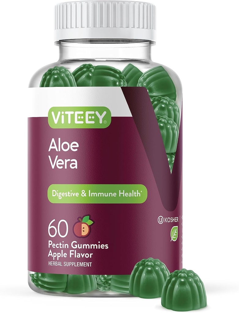 성인을위한 Viteey 알로에 Vera Gummies - 50mg - 소화 및 면역 건강 보조 - 알로에 Vera Supplement - Vegan, 젤라틴 무료, 글루텐 무료, GMO 무료, 맛있는 체할 수있는 라즈베리 맛 거미