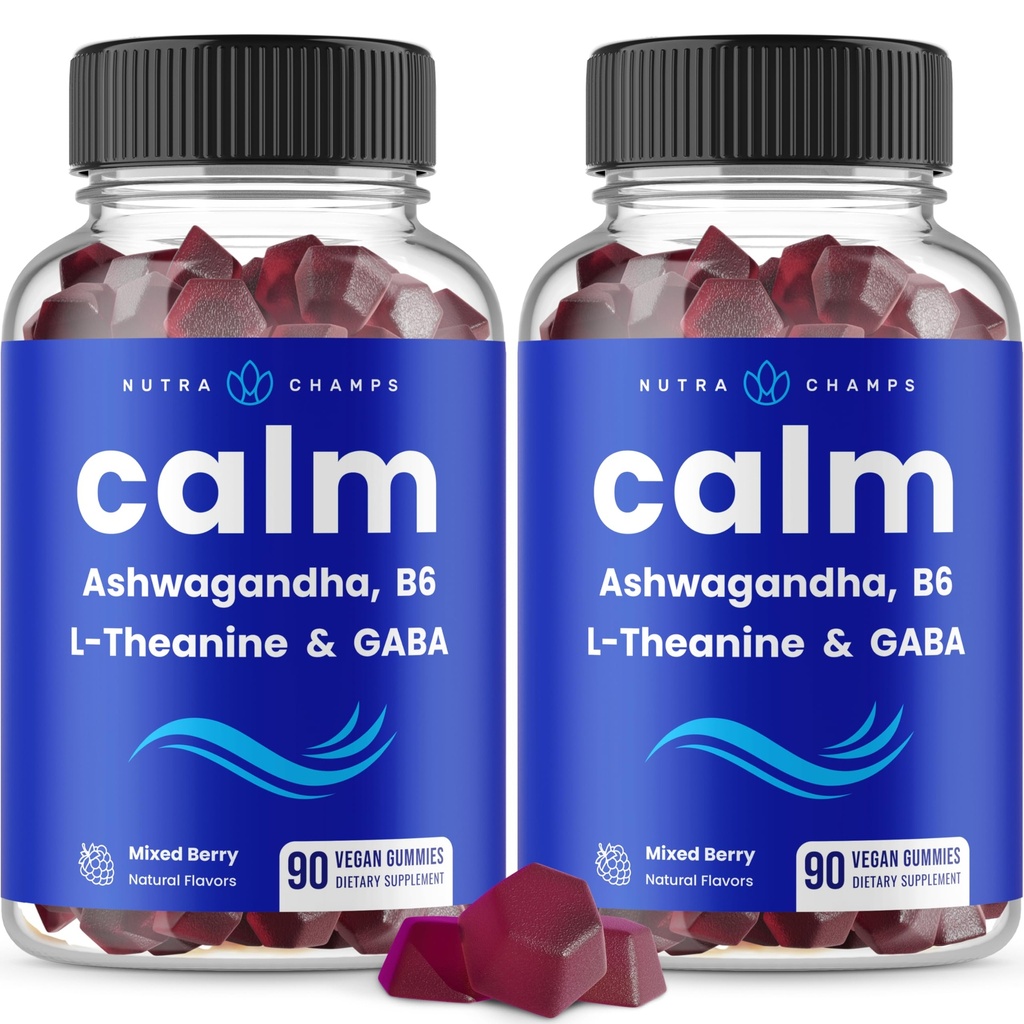 NutraChamps Calm Gummies, 응력 Gummies는 Ashwagandha, L-Theanine, GABA, 비타민 B6 & 레몬 Balm, 90 Gummies (포장 2)를 가진 보충합니다