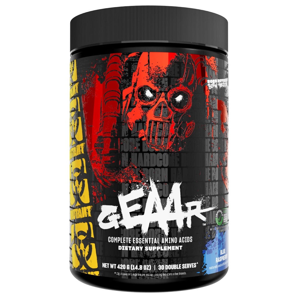 Mutant GEAAR - EAA 분말의 9.4g + 아르기닌, 7g BCAAs, 4g Leucine, Electrolytes, 코코넛 물, 30 서빙 - 블루 라즈베리