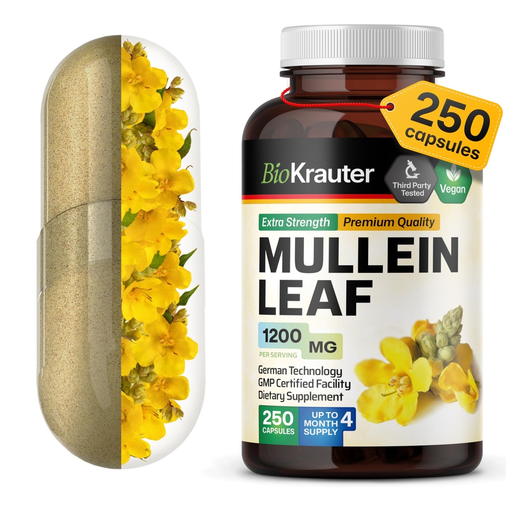 BIO KRAUTER Mullein 캡슐 1200 mg 250 조사 - Lungs - 125 공급의 일 - Lung Cleanse & Respiratory 지원 보충교재 - 충전물 없음, 비 GMO