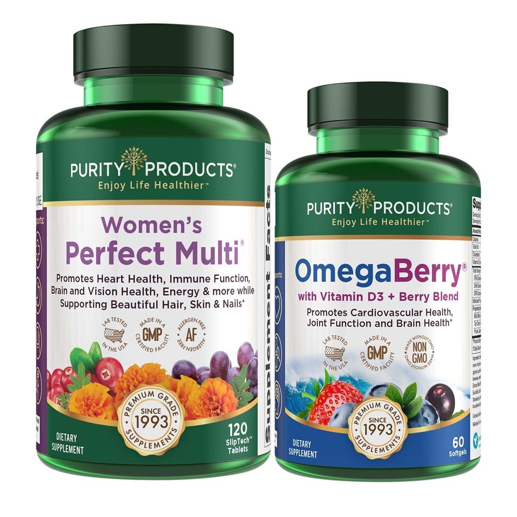 순수성 제품 여자의 완벽한 다 + OmegaBerry 물고기 기름 여자 다 (Urinary Tract 건강, 면역, 뼈, 머리, 피부, 못 + 더 많은 것 지원) - OmegaBerry (1250mg Omega-3, 비타민 D3 + 더 많은 것)
