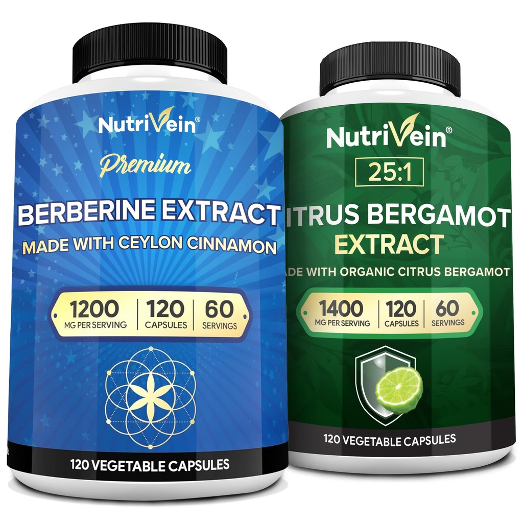 Nutrivein 프리미엄 Berberine 1200mg & Citrus Bergamot 추출물 1400mg 번들 - Ceylon Cinnamon & 25 : 1 Bergamia 추출물 - 체중 관리 및 면역 지원 플러스 심장 건강 - 120 캡슐 각각