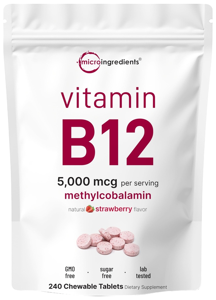 마이크로 성분 비타민 B12 5,000 mcg | Methylcobalamin – 240 Chewable 정제 | 빠른 용해, 자연적인 딸기 풍미 | 지원 에너지 & 대사 건강 | Vegan, 비 GMO, 글루텐 무료
