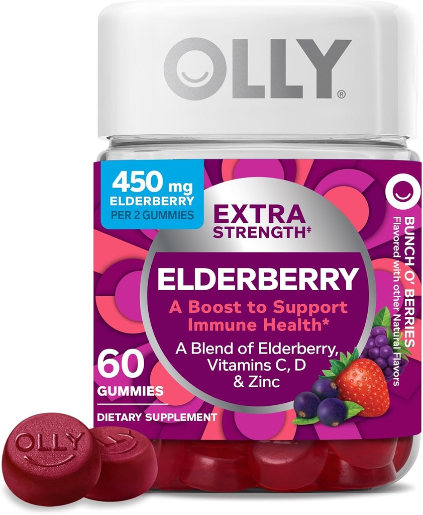 OLLY 여분 힘 Elderberry Gummies, 면역 지원, 450mg Elderberry, 비타민 C, D 및 아연, 베리 - 60 조사