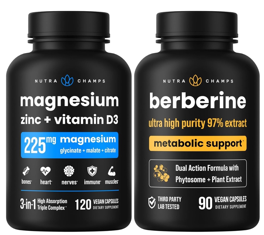 NutraChamps 완전한 뼈 & 대사 지원: 마그네슘 아연 D3 & Berberine 듀오