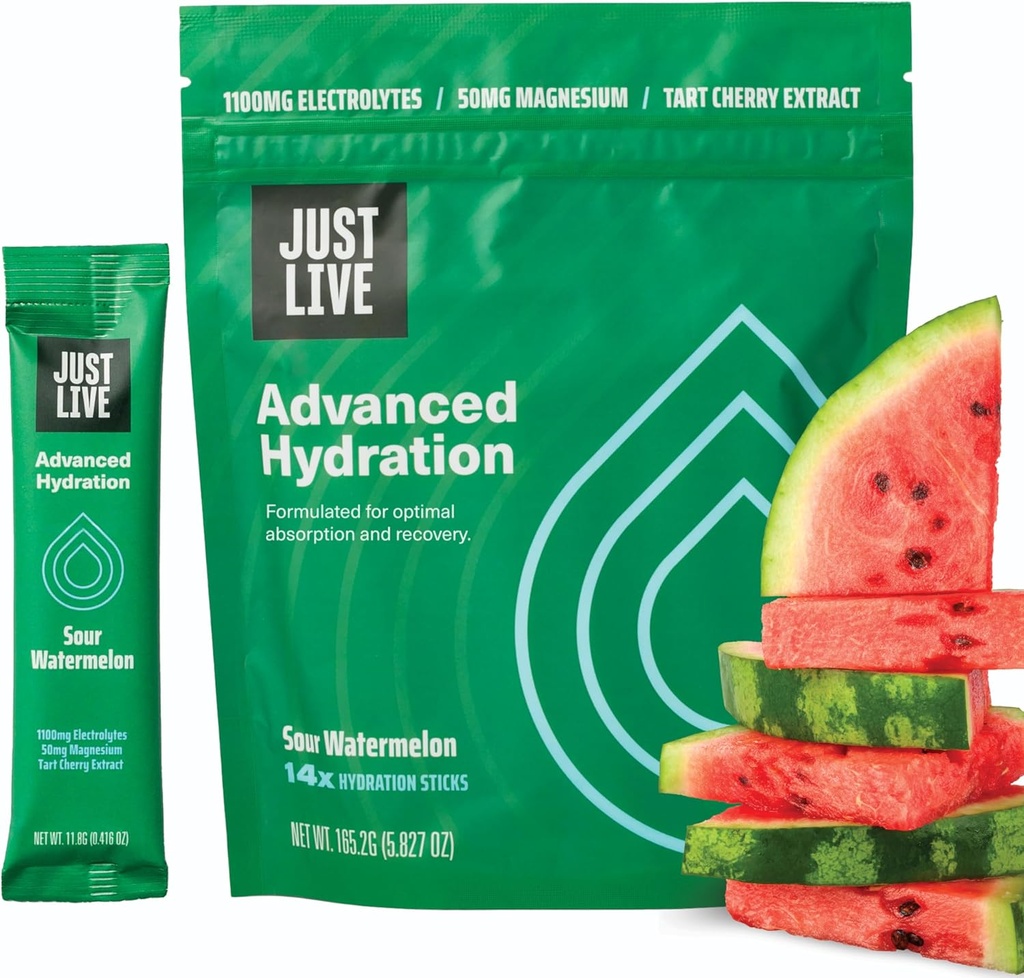 Just Live Advanced Hydration - Sour Watermelon, Electrolyte 음료 혼합, Tart Cherry Extract, 지원 복구 및 흡수, 낮은 설탕, 14 팩