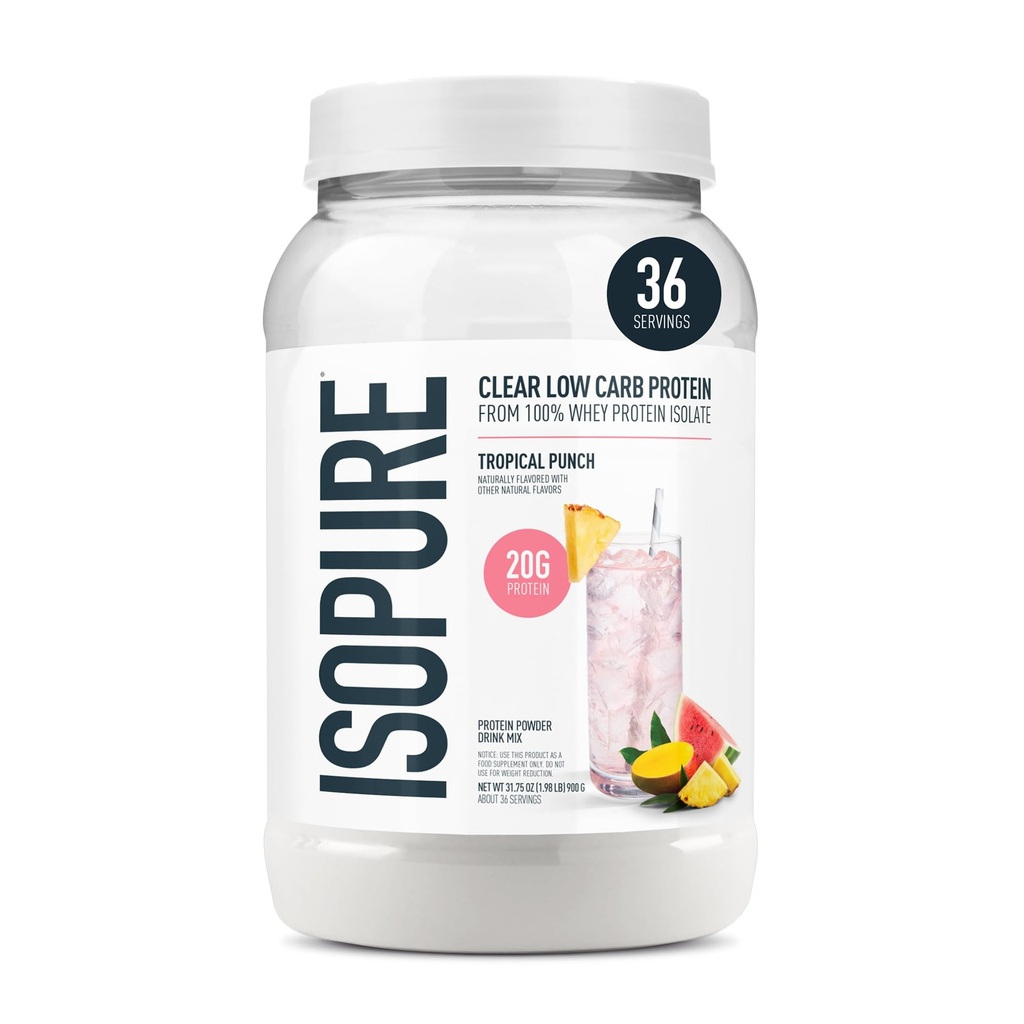 Isopure Clear Whey Isolate Protein Powder, Lactose Free, Gluten Free, Naturally flavored, Tropical Punch, 20g Protein Per 서빙 당 1.9 Lbs, 36 서빙 (5 월 Vary)