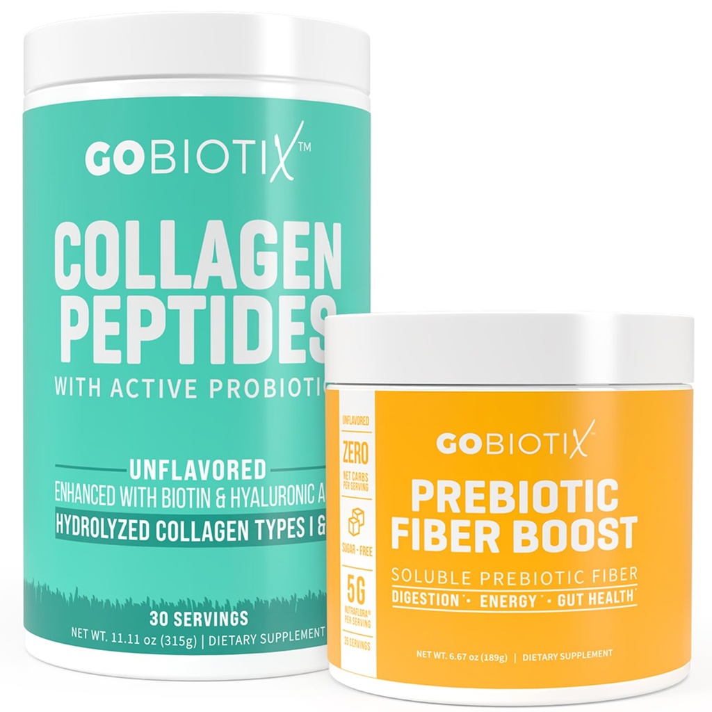 GOBIOTIX Fiber & Collagen 번들: 머리, 피부, Gut Support - 30 서빙 교원질, 35 서빙 섬유
