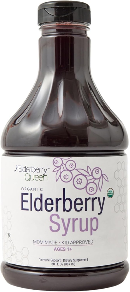Elderberry Queen Organic Elderberry Syrup 30 Fl Oz - Sambucus Black Elderberry & Aronia Berry와 Immune 지원 공식 - 자녀와 성인을위한 순수 천연 유기농 Elderberry Syrup