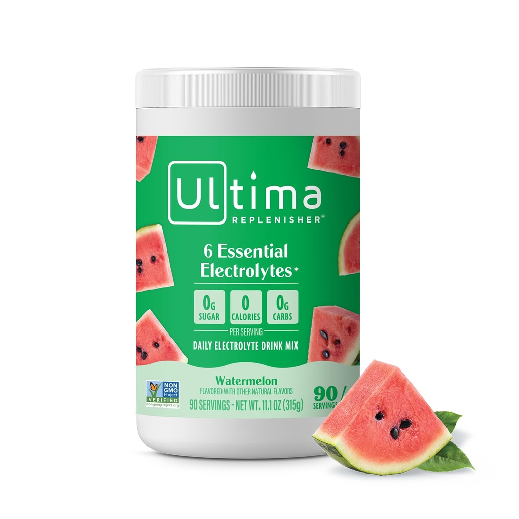 Ultima Replenisher Daily Electrolyte Powder Drink Mix - Sugar Free - Watermelon, 90 서빙 - 6 키 Electrolytes 및 Trace Minerals - Keto Friendly, Vegan, Non-GMO가있는 하이드로 션 파우더