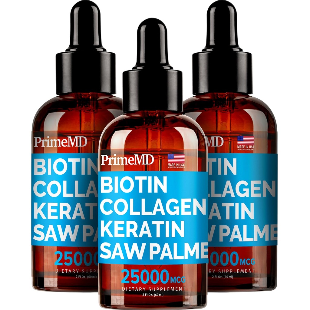 PrimeMD 4-in-1 액체 Biotin Collagen Keratin는 Palmetto Drops (3 팩) 번들 - 여성 및 남성을위한 25000mcg 헤어 네일 및 피부 비타민 - 2 Fl Oz 각, 수박 맛, 글루텐 - 무료, 비 GMO