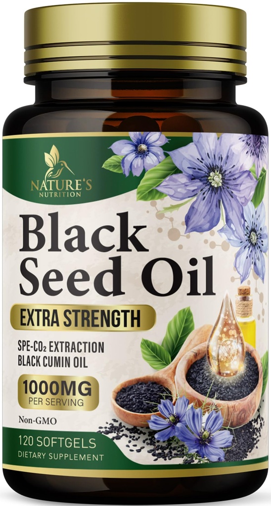Black Seed Oil Softgels 1000mg - 프리미엄 Nigella Sativa Blackseed, 순수 천연 블랙 Cumin Seed Oil & Antioxidant for Skin & Immune Support - 미국 보충 - 120 Softgels